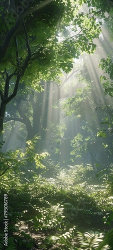 vertical shot of freshness forest with morning light flare nature landscape beautiful landscape background concept