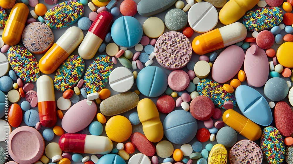 A closeup view reveals a mesmerizing collection of textures smooth capsules, speckled tablets, and an array of vibrant colors that pique medical curiosity A closeup view reveals a mesmerizing collection of textures smooth capsules, speckled tablets, and an array of vibrant colors that pique medical curiosity