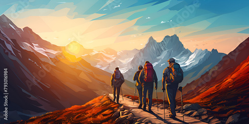 Group of sports people are walking in the mountains landscape teamwork sunlight background 