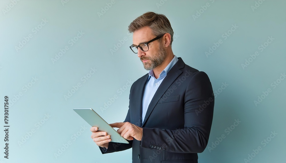 Businessman Analyzing Financial Data on Tablet Businessman Analyzing Financial Data on Tablet