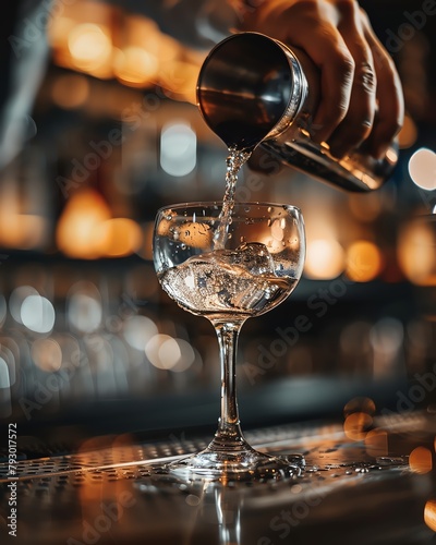 Bartender gently pours a finished cocktail from a glass shaker into a glass  capturing the elegant motion of the liquid flowing smoothly