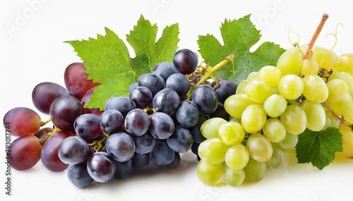 Set of grapes of different varieties and colors isolated on a white background.