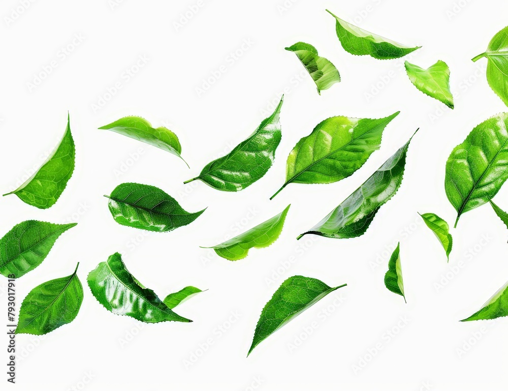A bunch of green leaves are flying through the air A bunch of green leaves are flying through the air