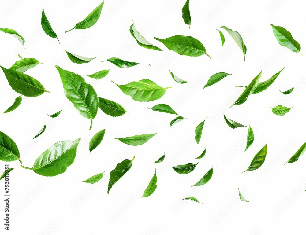 A white background with green leaves flying in the air A white background with green leaves flying in the air