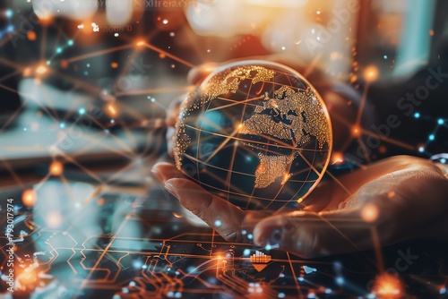Detailed shot of businessmans hand gently touching a globe adorned with intricate connections, with a blurred business setting in the background photo