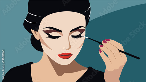 The makeup artist carefully lines the eyes with a sharp jet black liquid liner creating a classic sophisticated look perfect for a special occasion..