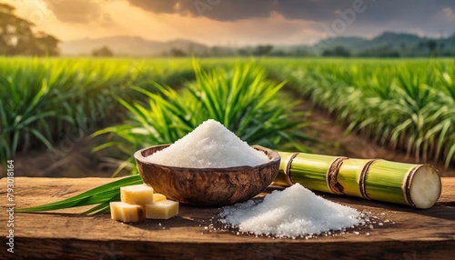 Açúcar branco com cana-de-açúcar fresca em mesa de madeira com fundo agrícola de plantação de cana-de-açúcar photo