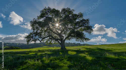 Radiant sunrays pierce through the silhouette of a solitary tree  casting long shadows over a vibrant  green meadow