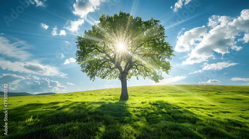 Radiant sunrays pierce through the silhouette of a solitary tree, casting long shadows over a vibrant, green meadow photo