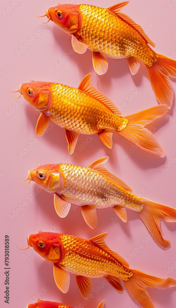 A row of gold and red fish are lined up on a pink background A row of gold and red fish are lined up on a pink background