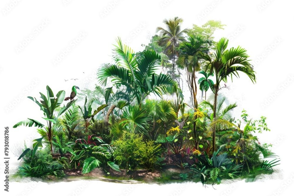Hidden depths of a lush tropical rainforest, alive with the calls of exotic birds and the rustle of unseen creatures, isolated on pure white background.