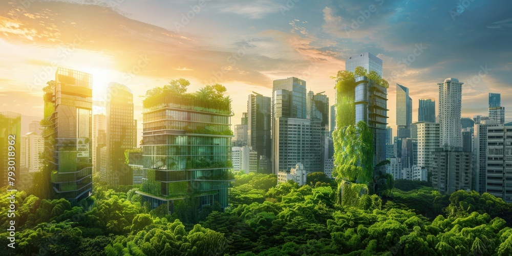 A futuristic cityscape with green technologies and sustainable infrastructure.