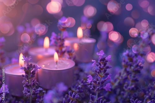 Harmonious candles on lavender, with dreamy bokeh creating allure.