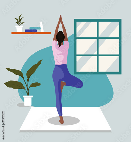 Beautiful black girl in pink, purple, blue colors in sportform in room with plants, window, books, doing yoga, fitness, sport in faceless style for webs, posters, cards