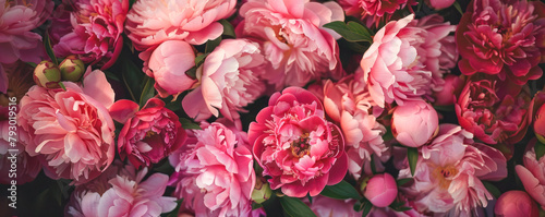 A panoramic image filled with the lush fullness of blooming peonies, showcasing a range of pinks from soft to deep magenta, capturing the essence of a vibrant spring or summer garden. photo