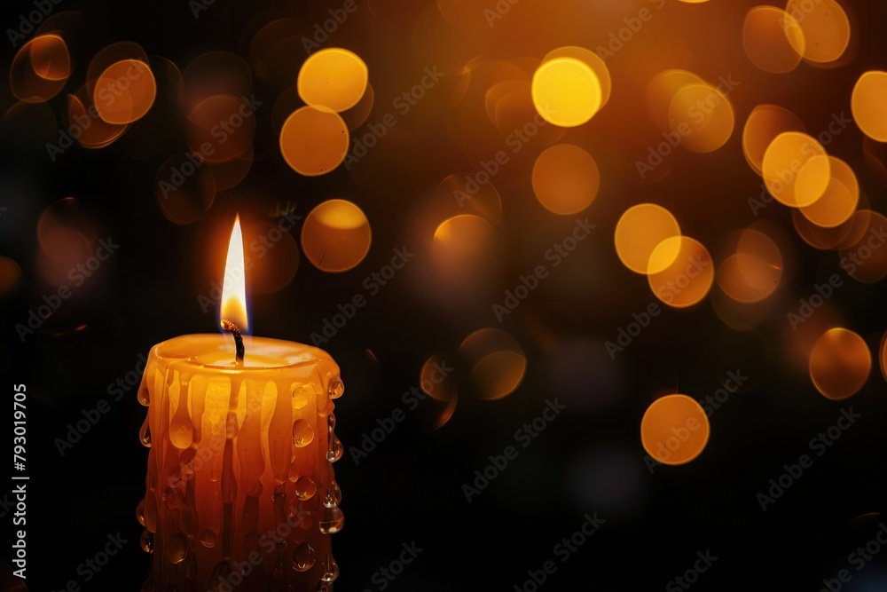 Golden candlelight on black, with mesmerizing bokeh enhancing the mood. - obrazy, fototapety, plakaty 