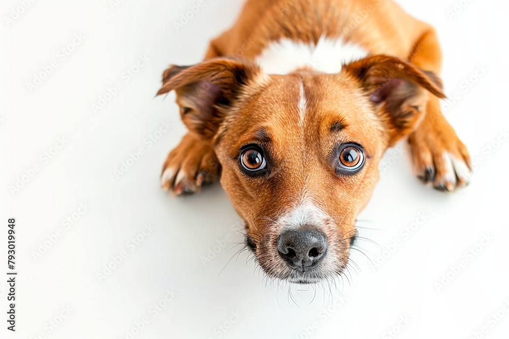 A brown and white dog with its head down and eyes closed