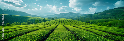 A beautiful panoramic shot of a large tea plantation in India. Freshness and environmental friendliness of tea harvest cultivation