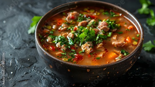 Sinigang na Baboy a Filipino pork meat soup against dark slate background. Concept Food Photography, Comforting Soup, Filipino Cuisine, Dark Background, Pork Meat photo