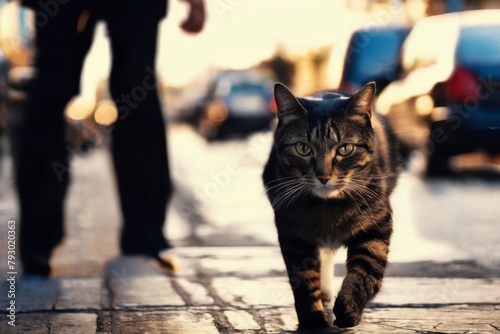 Stray cat walking down the strret at sunset between pedestrians photo