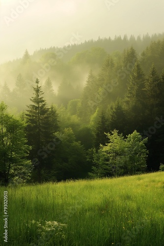 Landscape - morning mist, mountain forest, rising sun, green grass
