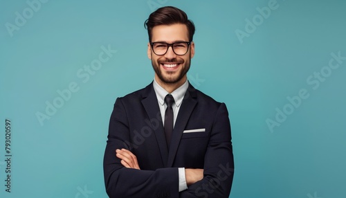 Crossed hands, bank manager owner ceo business man standing, blue background, confident photo