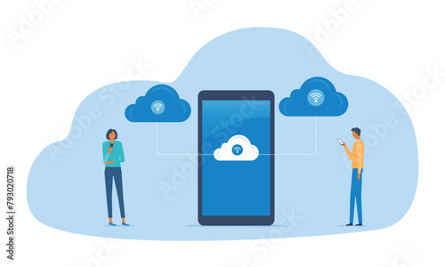 business technology cloud computing service concept people team working on mobile phone connect with cloud server
