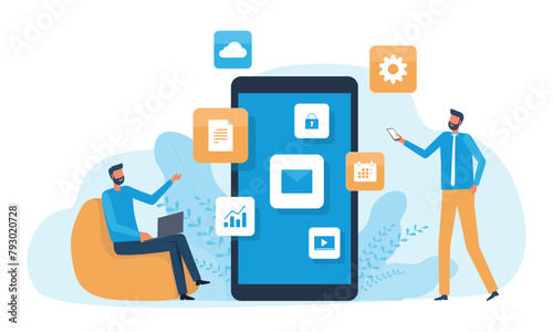 business people team using mobile phones applications or smartphones for smart working meeting concepts. technology internet wireless communication connection. flat vector illustration design.

