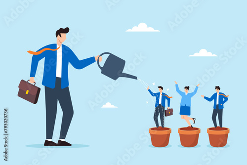 Businessman manager watering talented staff in flower pots illustrating talent development, career growth, and investment in training. Concept of employee potential, and coaching to develop skills