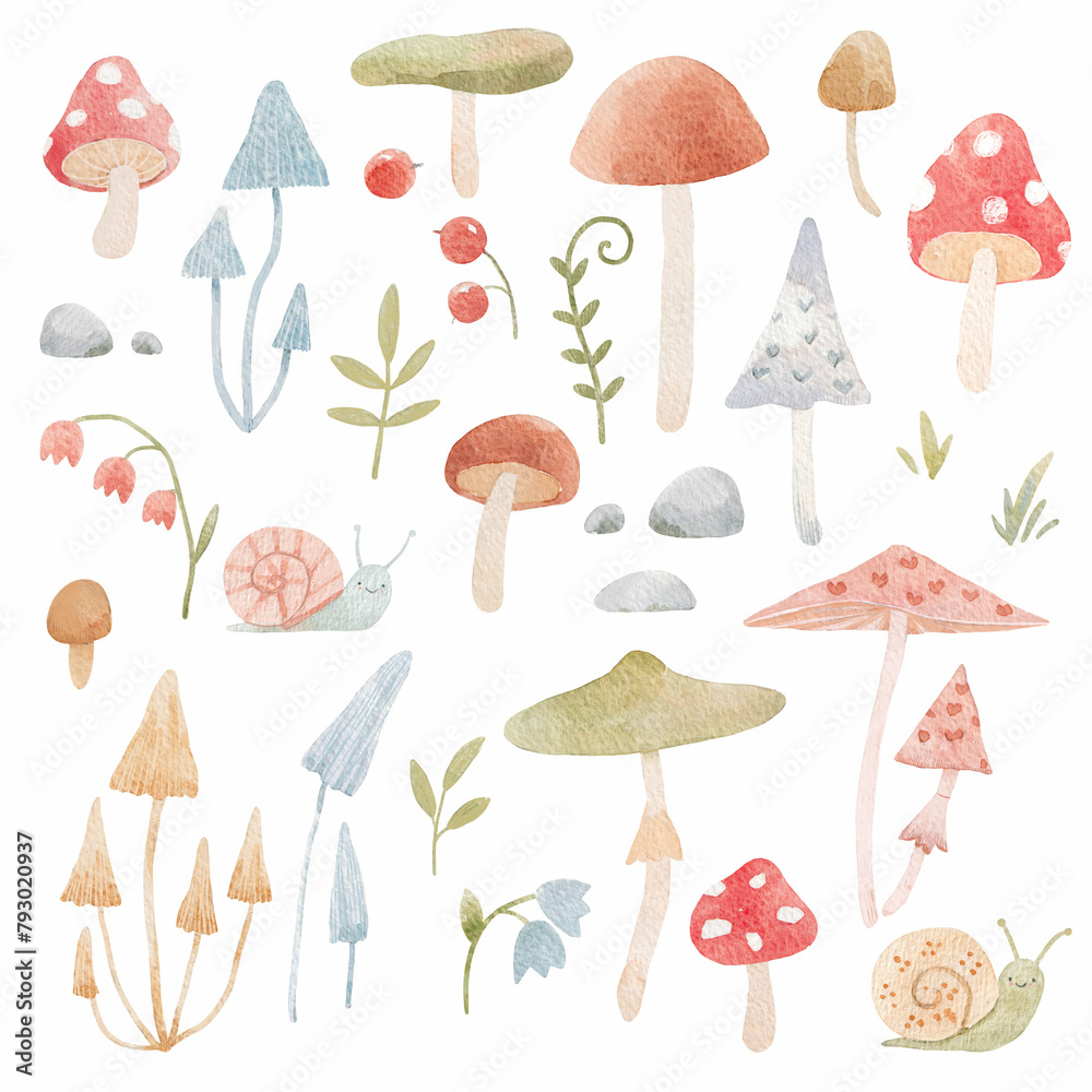 Naklejka premium Cute illustration with watercolor hand drawn abstract forest mushrooms flowers and snails. Kids clip art. Nice mushroom illustration.