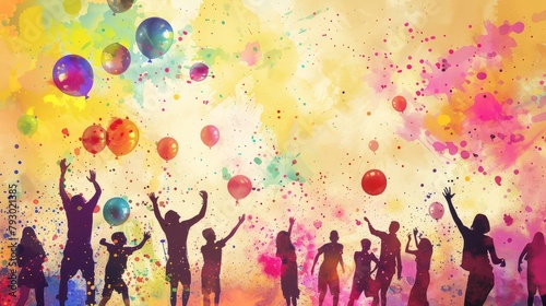 A Holi celebration with Holi water balloons. Imagine a hand-painted scene filled with people playfully throwing colorful water balloons at each other. Include space 