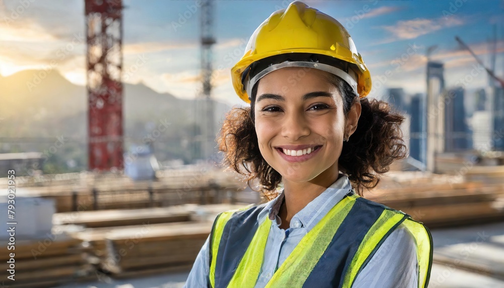 Confident female construction worker at a work site, with a genuine smile reflecting job satisfaction and professionalism Confident female construction worker at a work site, with a genuine smile reflecting job satisfaction and professionalism