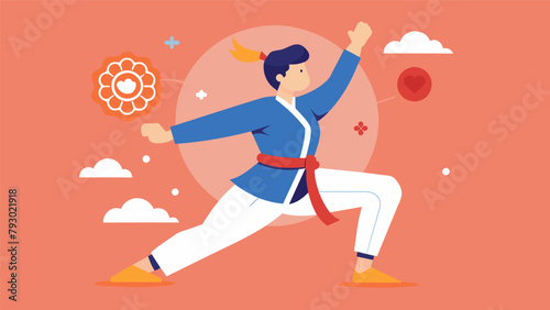 A graphic of a person performing a intricate martial arts form accompanied by a description of how the mental focus and perseverance cultivated