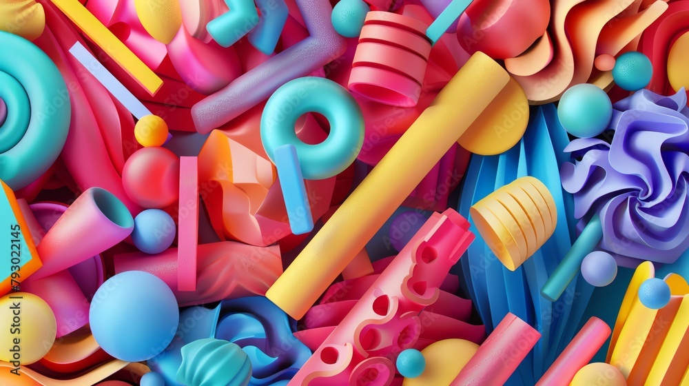 Colorful 3D shapes in a playful arrangement each texture distinct ...