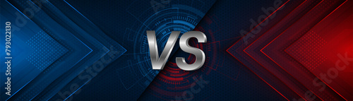 Versus between red and blue on dark background. Background concept for gaming and other competitions with empty space for design. Letter VS for a two-team match.	 photo