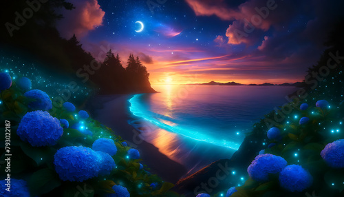 where the cosmos playfully merges with the earthly, stars sprinkling magic over hydrangea blooms, the ocean mirroring a sky alive with astral wonder.