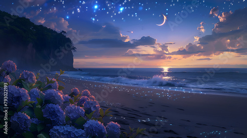 where the cosmos playfully merges with the earthly, stars sprinkling magic over hydrangea blooms, the ocean mirroring a sky alive with astral wonder. photo