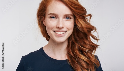 Closeup of happy attractive young woman with long wavy red hair and freckles wears stylish t shirt looks happy and smiling isolated over white background photo