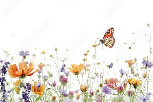 Ethereal beauty of a field of wildflowers, alive with the gentle buzzing of bees and the flutter of butterfly wings, isolated on pure white background.