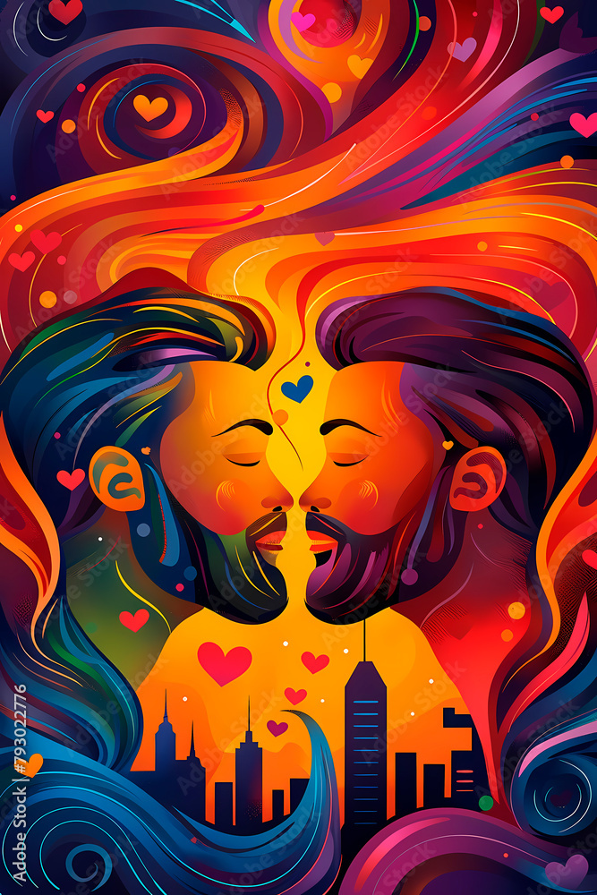 A heartwarming illustration showcasing a gay couple's intimate moment surrounded by swirling abstract patterns that epitomize their love and connection within the LGTBIQ+ community
