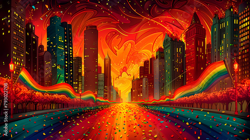 This illustration depicts a vivid, colorful cityscape with a road paved by a radiant rainbow, symbolizing gay pride and LGTBIQ+ unity