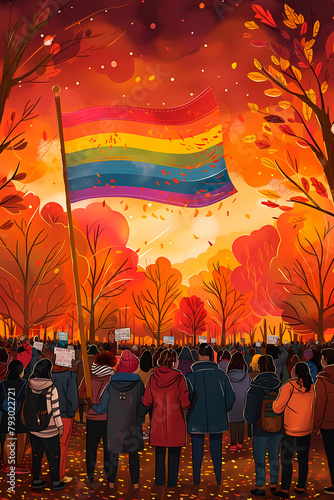 A powerful illustration of a crowd gathering under a fiery sky, raising the LGTBIQ+ pride flag in a moment of solidarity and celebration photo