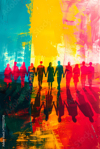 This vibrant illustration depicts silhouettes of diverse people holding hands, symbolizing gay pride and LGTBIQ+ unity in an abstract artistic representation