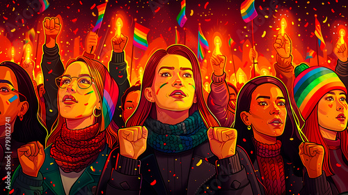 This illustration showcases a determined crowd at a gay pride event, fists raised high, exemplifying strength and solidarity of the LGTBIQ+ community photo