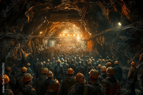 Crowd of workers in orange helmets in a coal mine, stuck accident, problems extreme evacuation exit to the elevator, difficult situation after the explosion photo