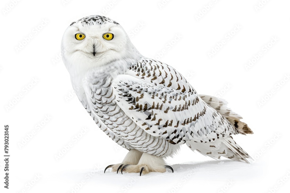 Enigmatic beauty of a rare snow owl, its ghostly feathers blending seamlessly with the wintry landscape, isolated on pure white background. Enigmatic beauty of a rare snow owl, its ghostly feathers blending seamlessly with the wintry landscape, isolated on pure white background.