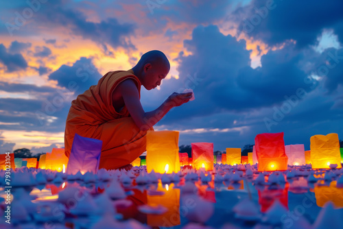 Buddhist monk meticulously arranging colorful lanterns under a serene twilight sky symbolizing Vesak Days reverential celebration photo