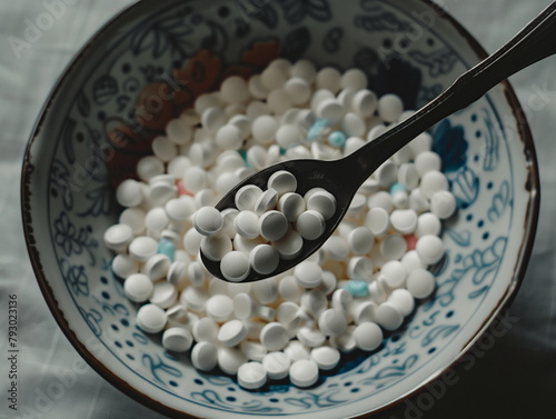 A bowl or plate with white pills of cirlucal shape. Spoonfull of tablets. Mental health problems. Thought-provoking concept. Antibiotics photo