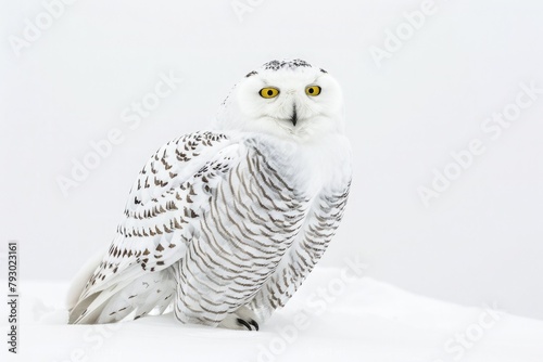 Enigmatic beauty of a rare snow owl, its ghostly feathers blending seamlessly with the wintry landscape, isolated on pure white background. © Shaheen