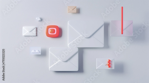 Against a minimalist white background, sleek 3D icons, including an email envelope, newsletter, and subscriber list, epitomize the essentials of effective email marketing.